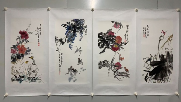 古玩字畫李慶友花卉四屏拍賣,當(dāng)前價(jià)格3000元