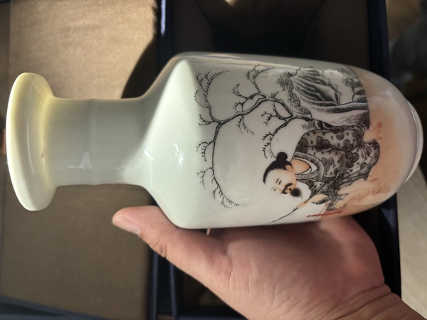 古玩陶瓷民國?礬紅墨彩漁翁圖棒槌瓶拍賣，當前價格8800元