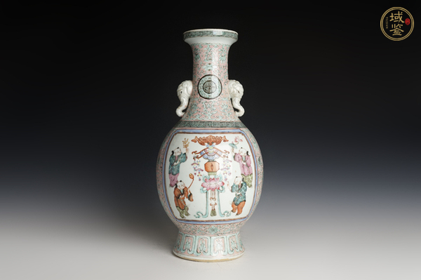 古玩陶瓷晚清·粉彩開窗福慶有余紋象耳瓶真品鑒賞圖