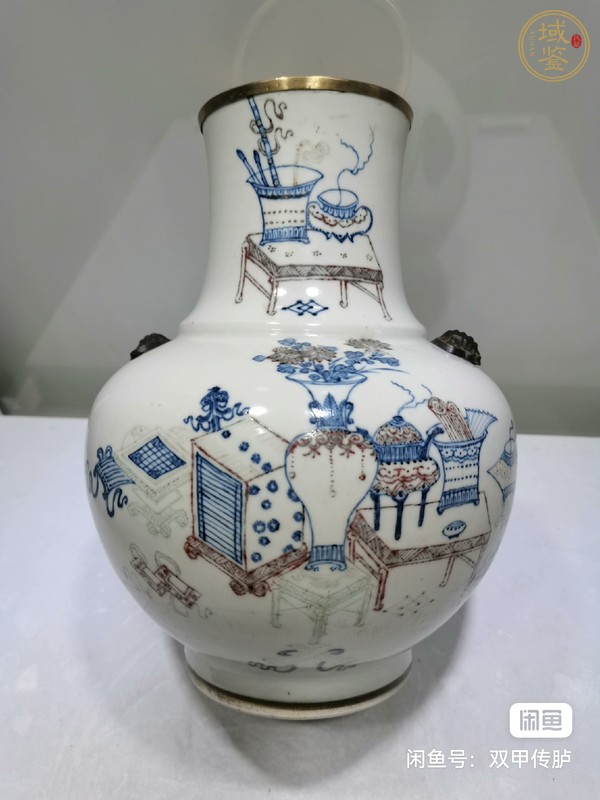 古玩陶瓷青花釉里紅博古圖截口瓶真品鑒賞圖