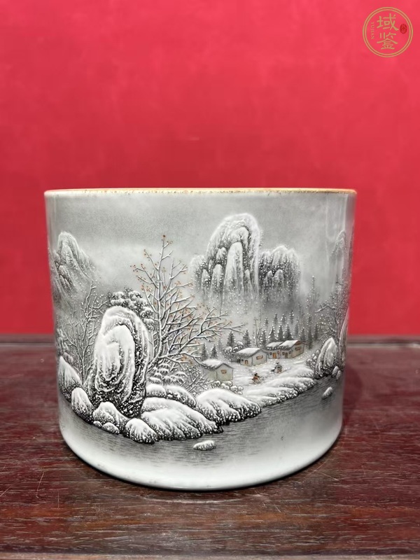 古玩陶瓷粉彩雪景山水紋筆海真品鑒賞圖