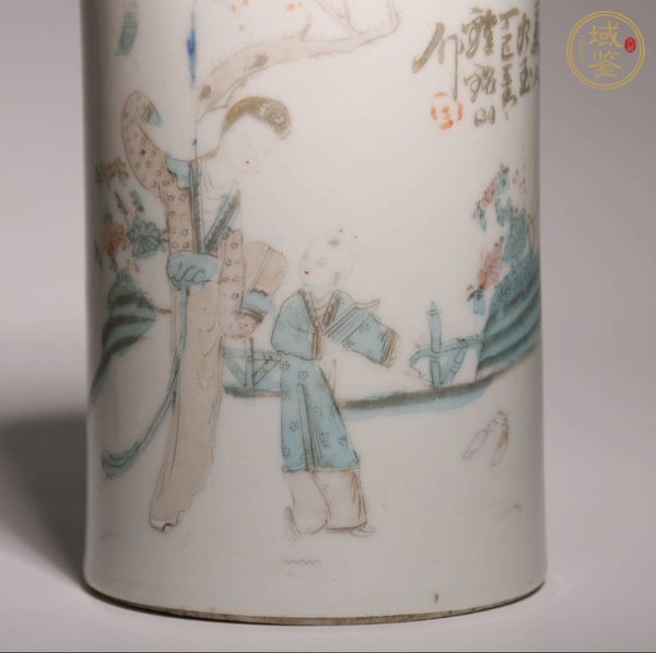 古玩陶瓷三娘教子圖粉彩筆筒真品鑒賞圖