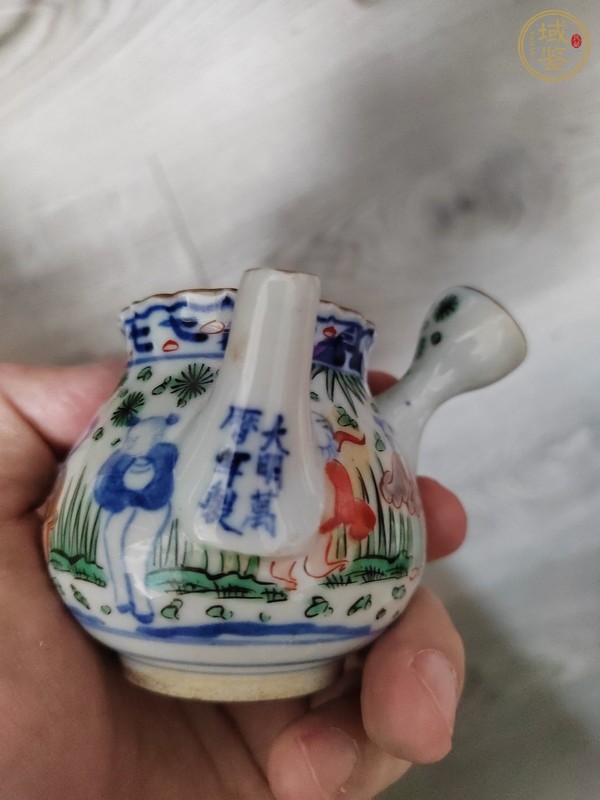 古玩陶瓷青花加彩描金側(cè)把壺真品鑒賞圖