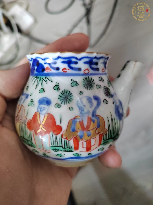 古玩陶瓷青花加彩描金側(cè)把壺真品鑒賞圖