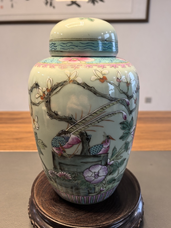 古玩陶瓷晚清豆青釉粉彩雉雞牡丹圖蓋罐拍賣,當前價格1750元