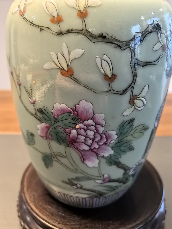 古玩陶瓷晚清豆青釉粉彩雉雞牡丹圖蓋罐拍賣,當前價格1750元