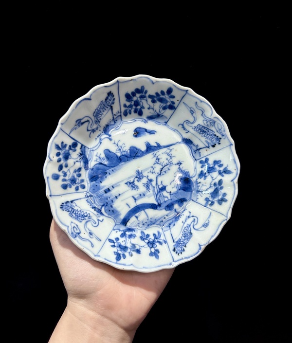 古玩陶瓷清康熙青花開窗花鳥山水紋花口盤拍賣，當前價格1700元