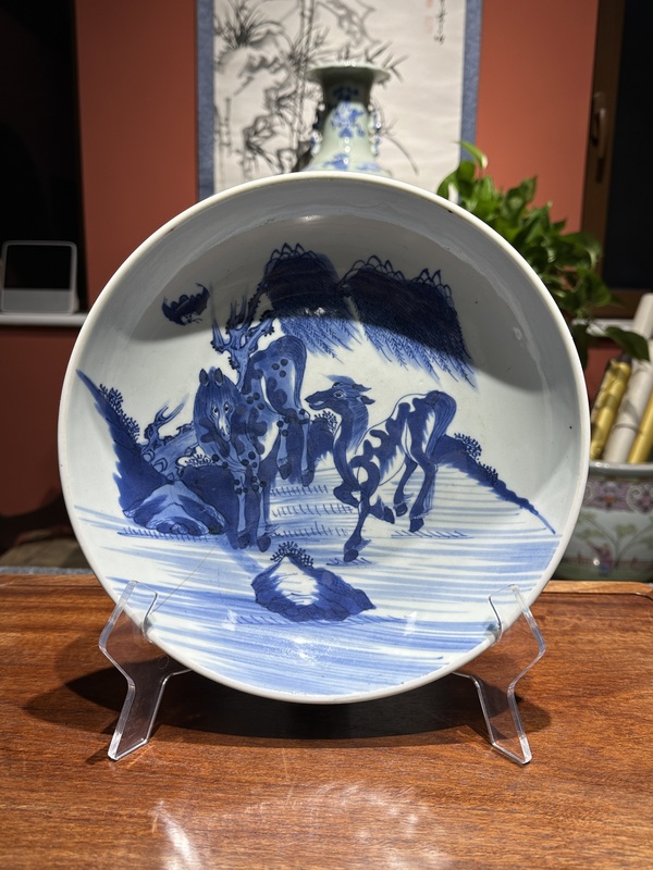 古玩陶瓷清代雍正青花雙駿盤拍賣,當前價格4800元