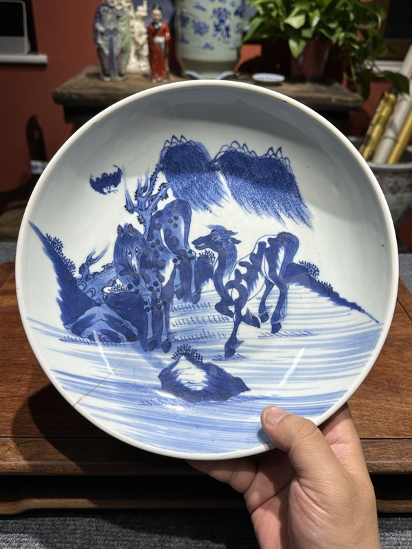 古玩陶瓷清代雍正青花雙駿盤拍賣,當前價格4800元