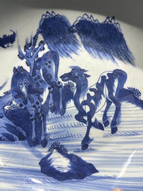 古玩陶瓷清代雍正青花雙駿盤拍賣,當前價格4800元