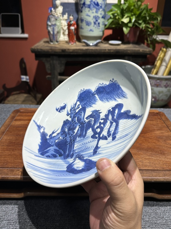 古玩陶瓷清代雍正青花雙駿盤拍賣,當前價格4800元