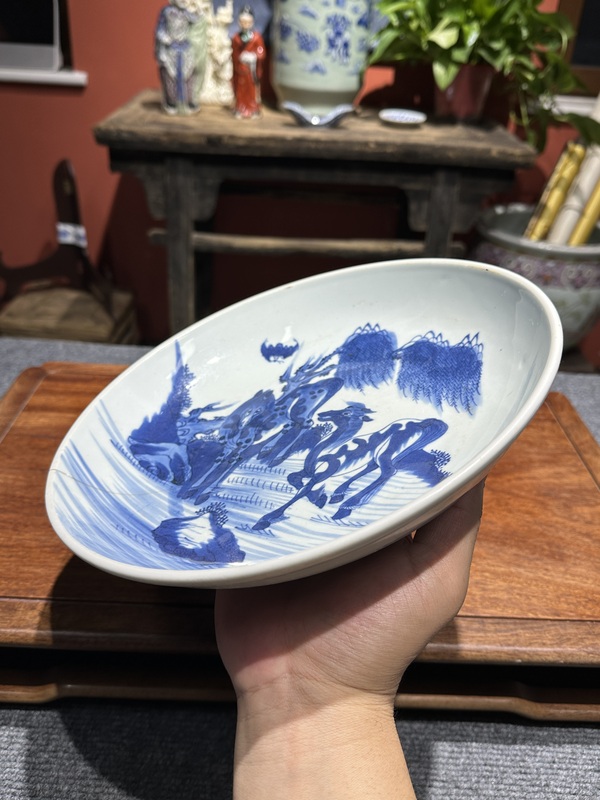 古玩陶瓷清代雍正青花雙駿盤拍賣,當前價格4800元