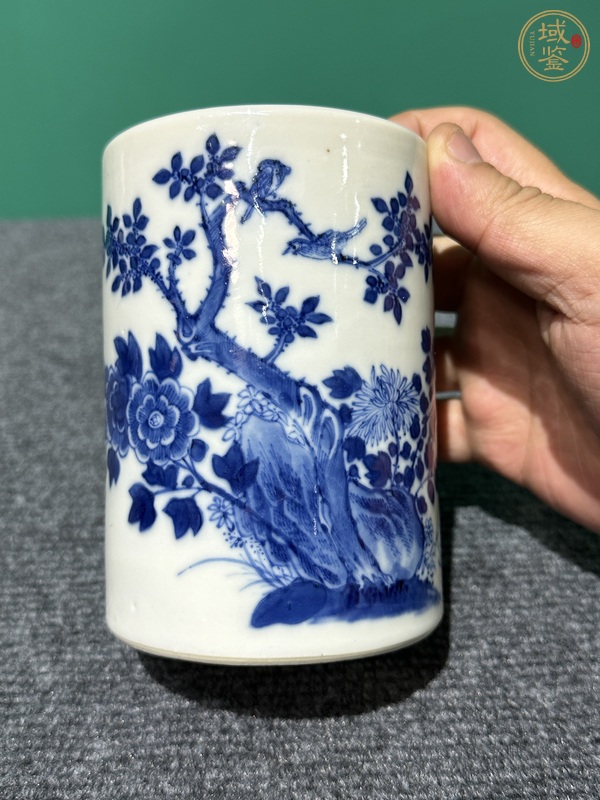 古玩陶瓷清代光緒青花花鳥紋筆筒真品鑒賞圖