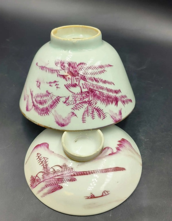 古玩陶瓷胭脂紅彩山水人物蓋碗拍賣,當前價格950元