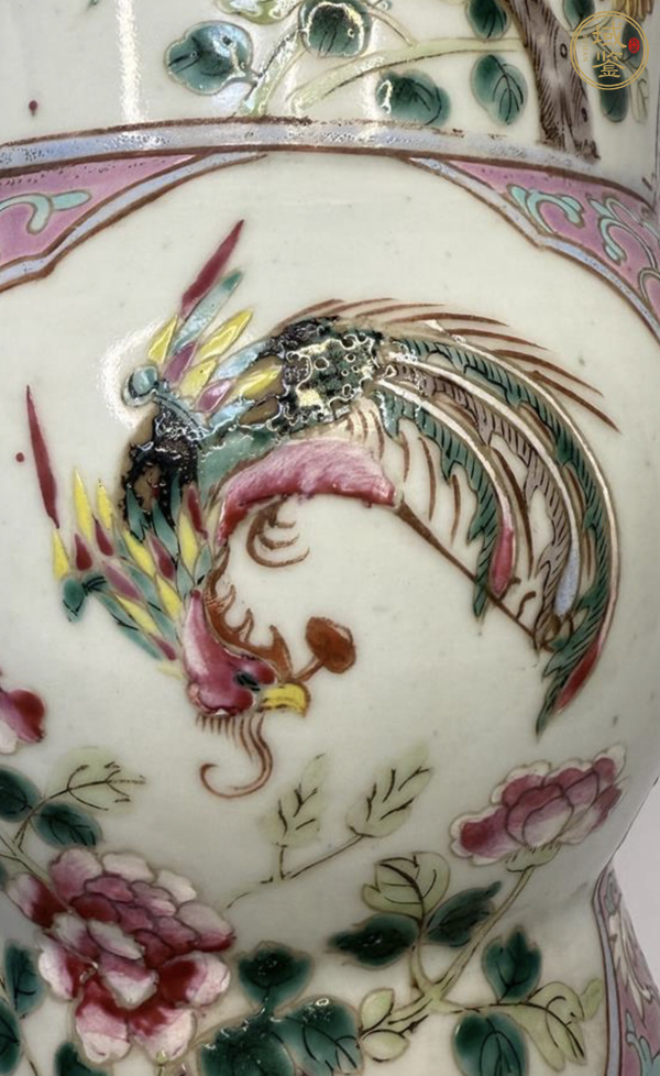 古玩陶瓷粉彩鳳穿牡丹圖花觚真品鑒賞圖