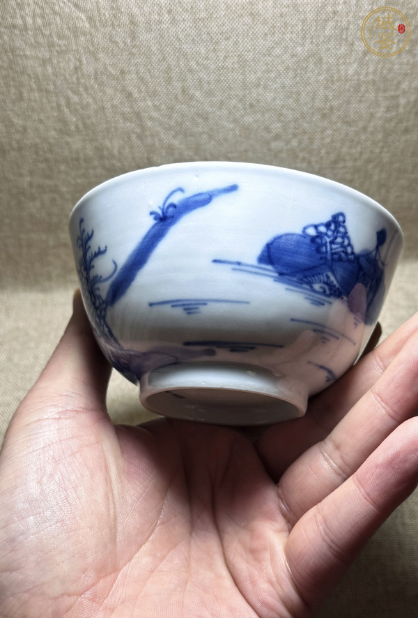 古玩陶瓷樓臺(tái)亭閣山水紋青花茶圓真品鑒賞圖