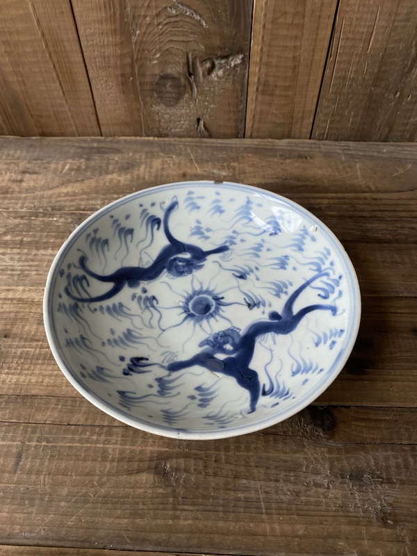 古玩陶瓷清中期青花夔龍紋盤拍賣,當前價格1200元
