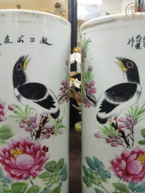 古玩陶瓷粉彩花鳥紋帽桶真品鑒賞圖