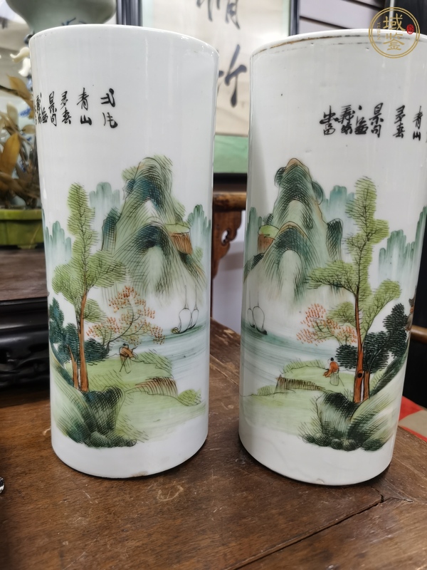 古玩陶瓷青綠山水帽桶真品鑒賞圖