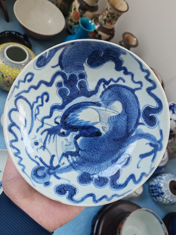 古玩陶瓷清雍正時期青花過墻龍紋盤拍賣,當前價格1288元