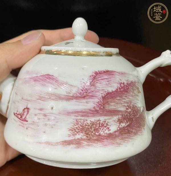 古玩陶瓷胭脂紅山水人物茶壺真品鑒賞圖