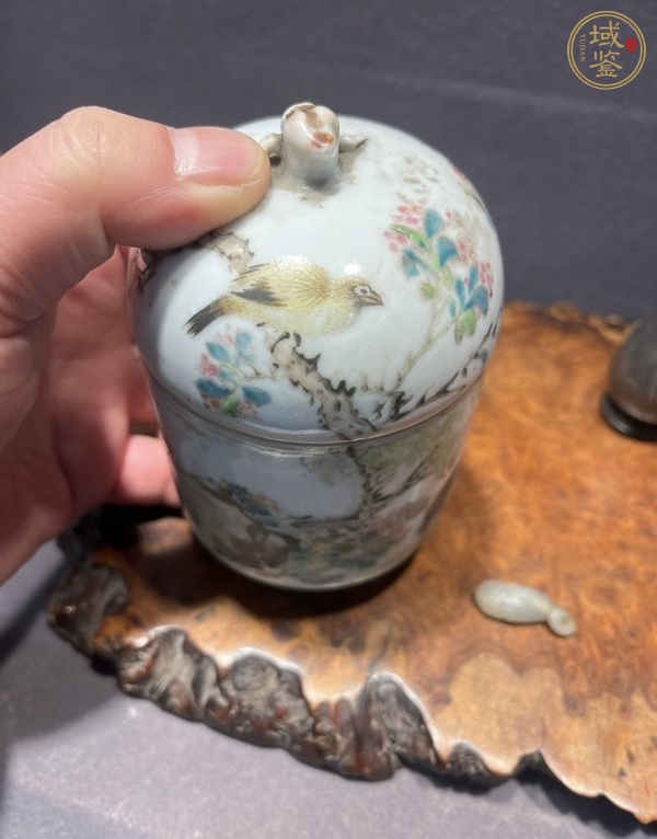 古玩陶瓷晚清淺降彩花鳥溫酒器真品鑒賞圖