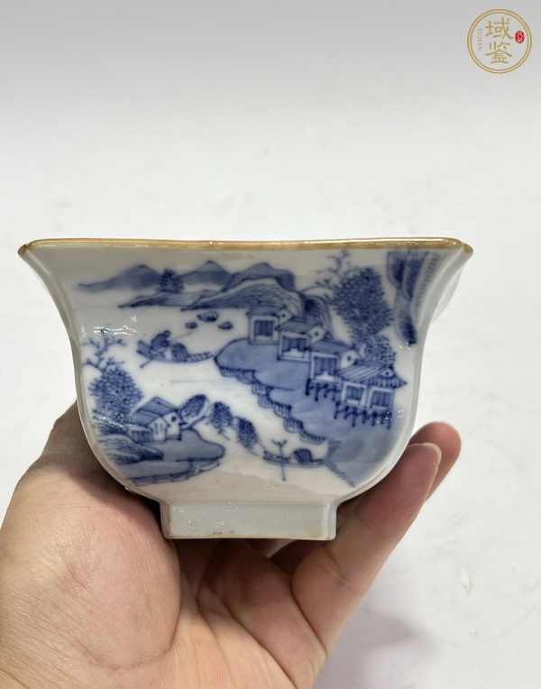 古玩陶瓷山水紋青花四方碗真品鑒賞圖