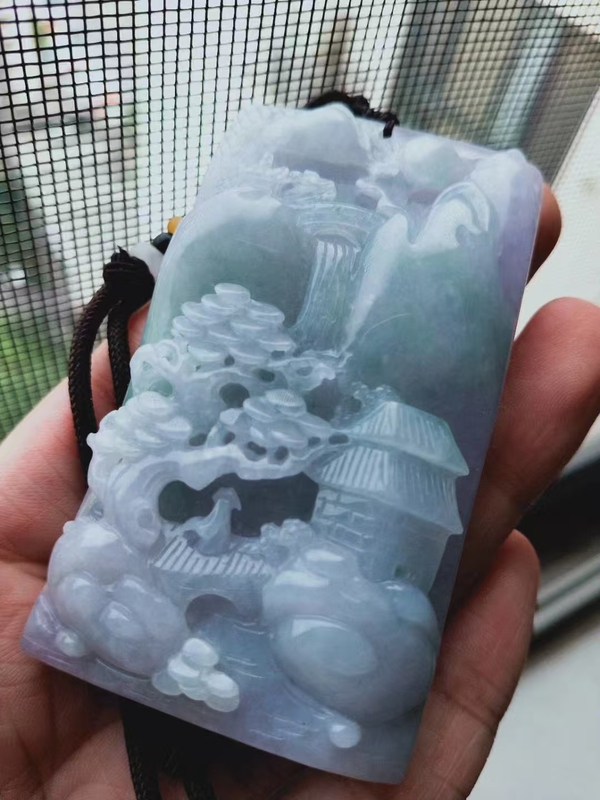 古玩玉器天然翡翠雕刻山水紋飾牌拍賣,當前價格2280元