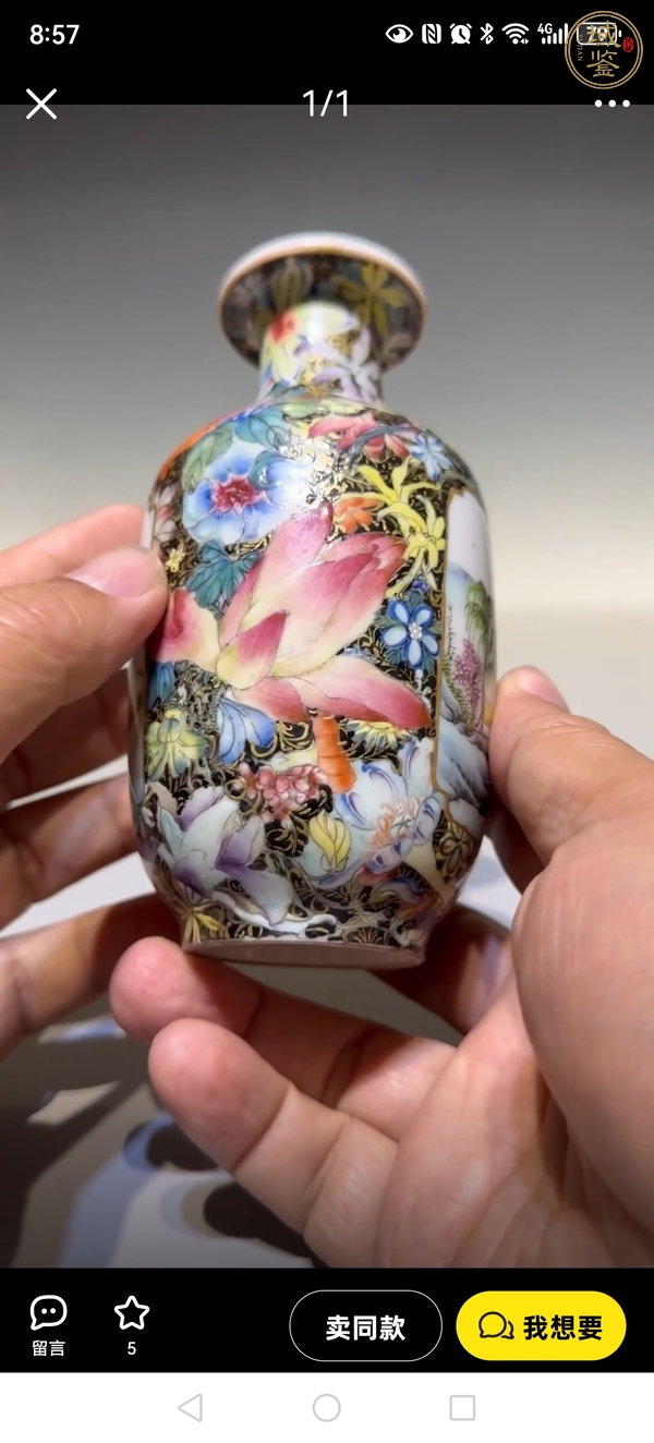 古玩陶瓷墨地粉彩百花開(kāi)窗山水紋瓶真品鑒賞圖
