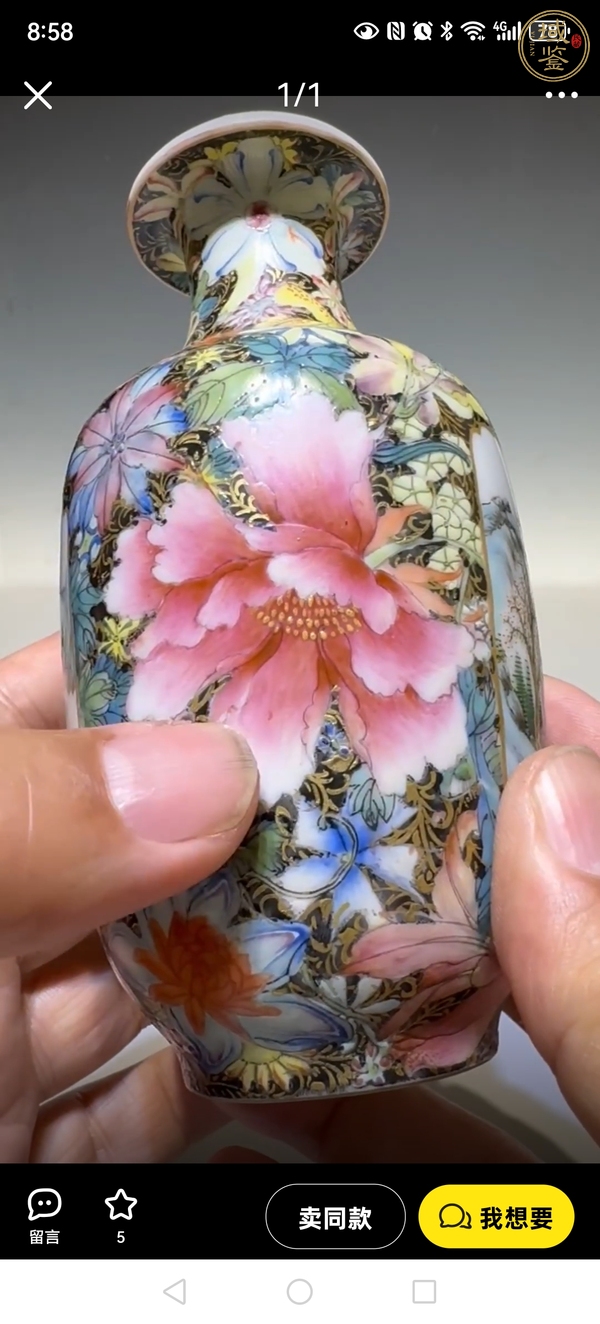 古玩陶瓷墨地粉彩百花開(kāi)窗山水紋瓶真品鑒賞圖