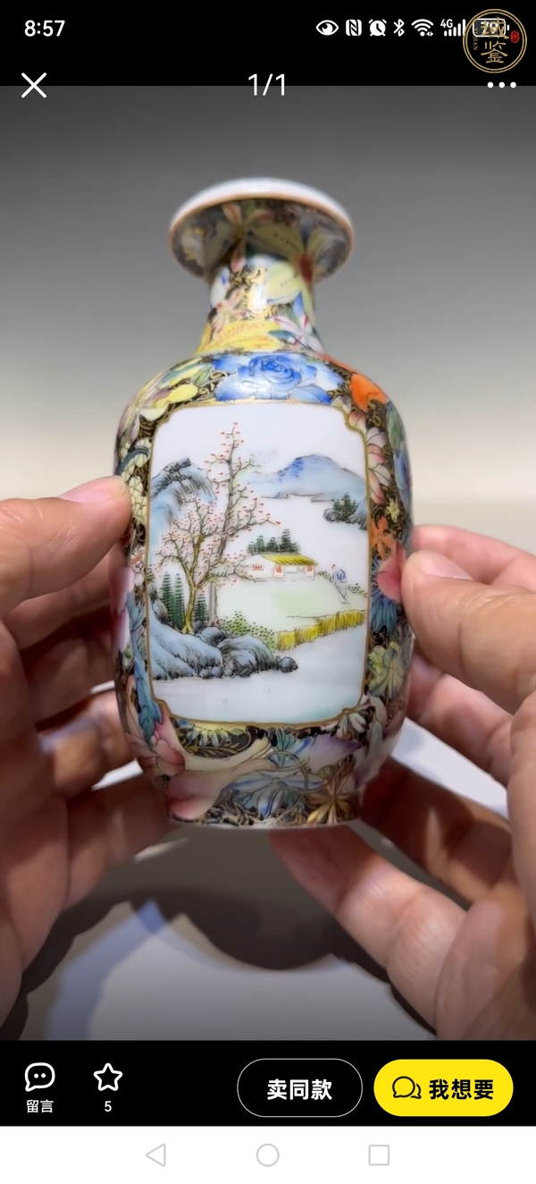 古玩陶瓷墨地粉彩百花開(kāi)窗山水紋瓶真品鑒賞圖