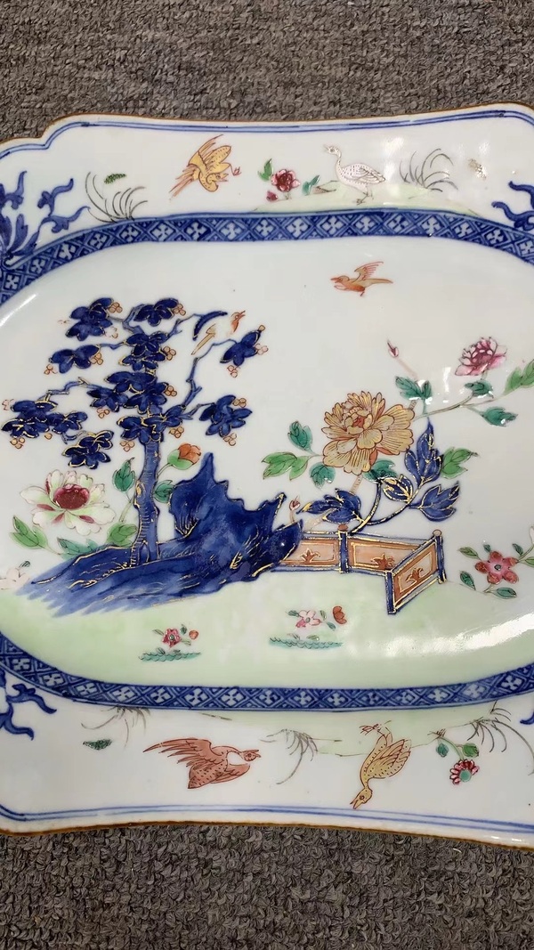 古玩陶瓷乾隆.青花加彩描金花鳥紋長形棱角盤拍賣，當(dāng)前價格2800元