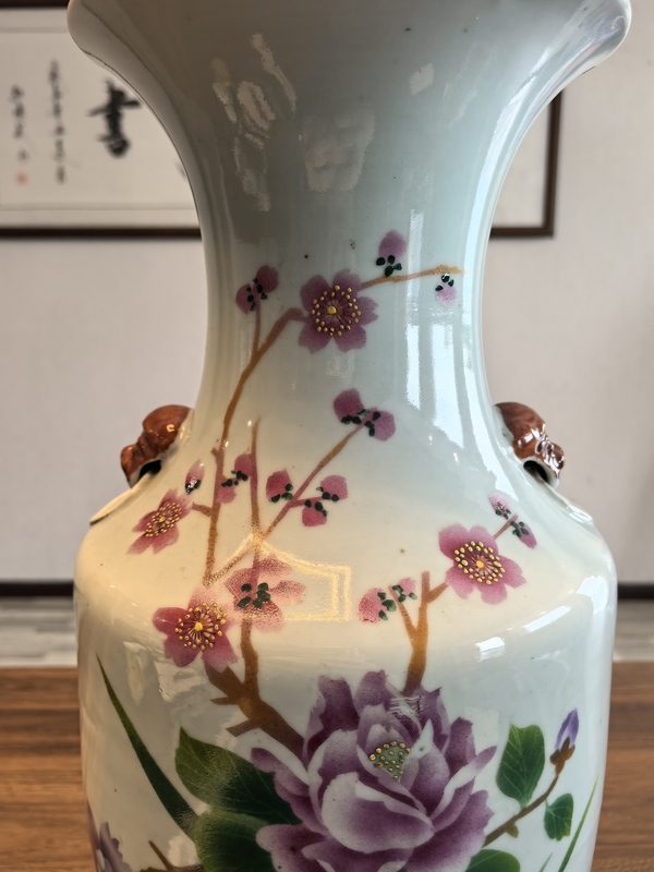 古玩陶瓷民國名家碧云陶粉彩花卉紋雙鋪首耳大瓶拍賣，當前價格2980元