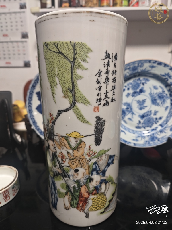 古玩陶瓷民國貼畫帽筒真品鑒賞圖