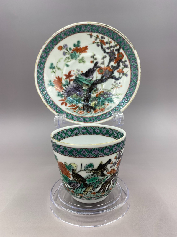 古玩陶瓷晚清 細路五彩喜上眉梢花鳥紋杯碟拍賣，當前價格3580元