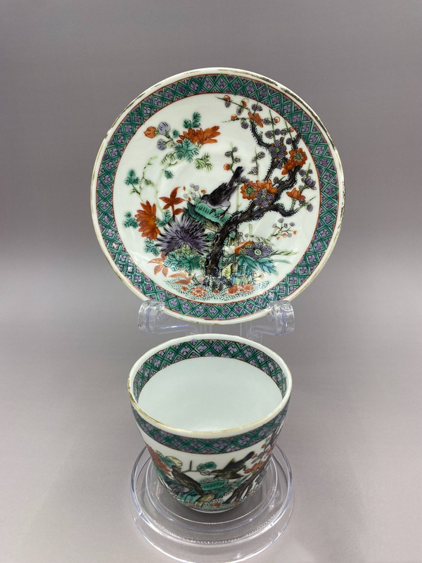 古玩陶瓷晚清 細路五彩喜上眉梢花鳥紋杯碟拍賣，當前價格3580元