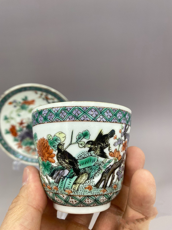 古玩陶瓷晚清 細路五彩喜上眉梢花鳥紋杯碟拍賣，當前價格3580元