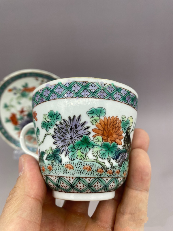 古玩陶瓷晚清 細路五彩喜上眉梢花鳥紋杯碟拍賣，當前價格3580元