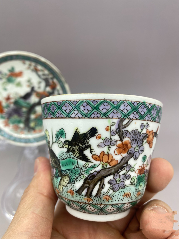 古玩陶瓷晚清 細路五彩喜上眉梢花鳥紋杯碟拍賣，當前價格3580元