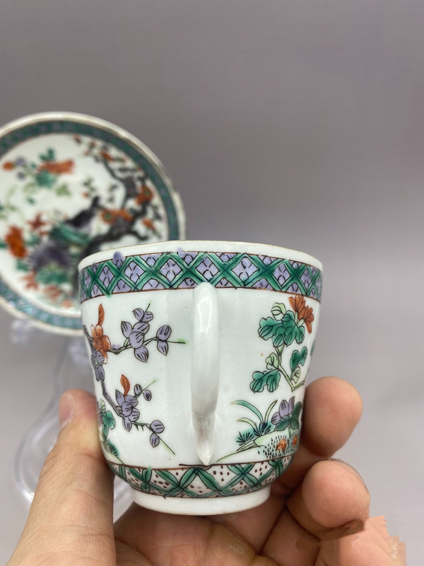 古玩陶瓷晚清 細路五彩喜上眉梢花鳥紋杯碟拍賣，當前價格3580元