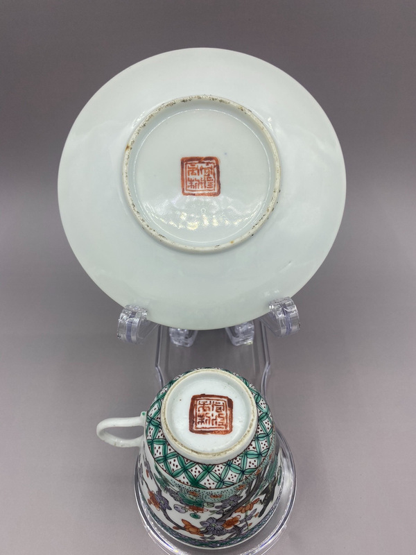 古玩陶瓷晚清 細路五彩喜上眉梢花鳥紋杯碟拍賣，當前價格3580元