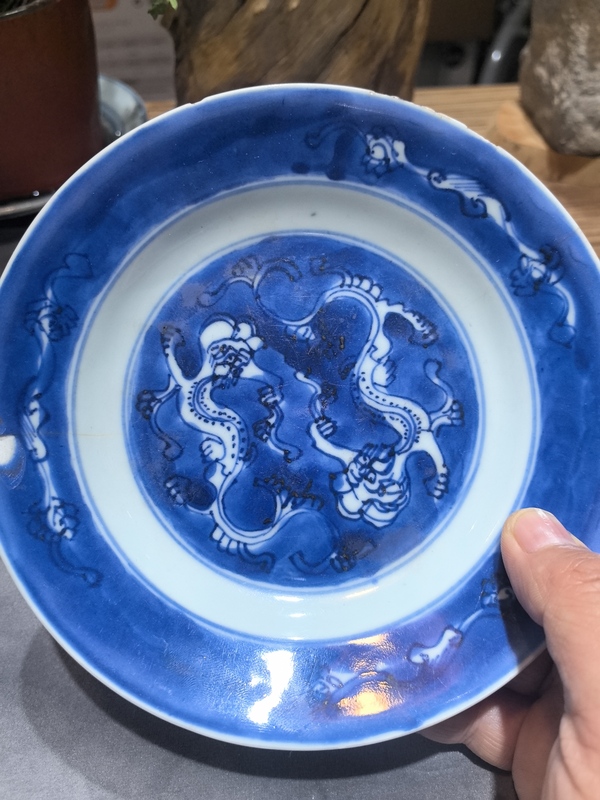 古玩陶瓷清.康熙 雙螭龍紋青花盤拍賣，當前價格398元