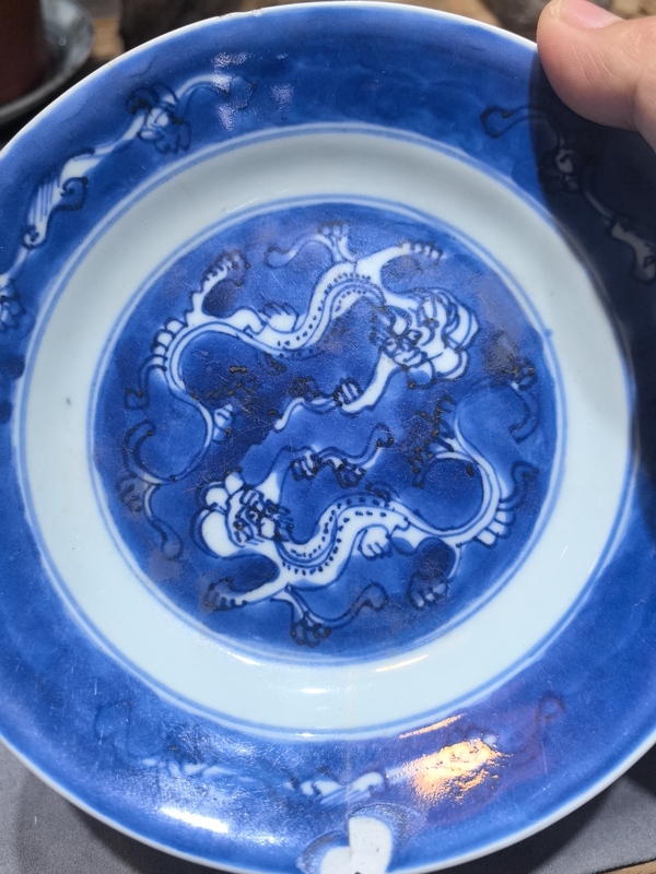 古玩陶瓷清.康熙 雙螭龍紋青花盤拍賣，當前價格398元