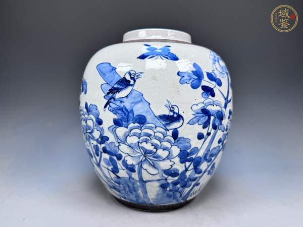 古玩陶瓷清晚期·哥釉青花富貴白頭紋罐真品鑒賞圖