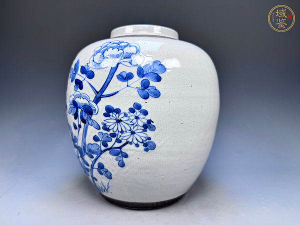 古玩陶瓷清晚期·哥釉青花富貴白頭紋罐真品鑒賞圖