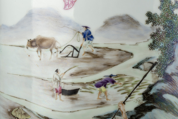 古玩陶瓷民國(guó)·粉彩耕織圖筒瓶拍賣，當(dāng)前價(jià)格1088元