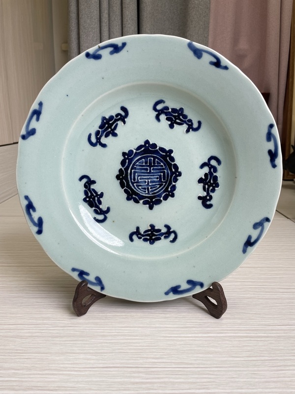 古玩轉賣清雍正 冬青釉青花玻璃白 五福捧壽紋大盤拍賣，當前價格1100元