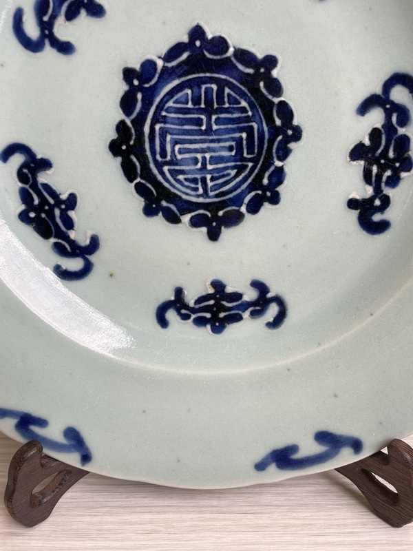 古玩陶瓷清雍正 冬青釉青花玻璃白 五福捧壽紋大盤拍賣,當前價格2900元