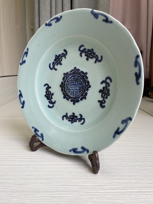 古玩陶瓷清雍正 冬青釉青花玻璃白 五福捧壽紋大盤拍賣,當前價格2900元