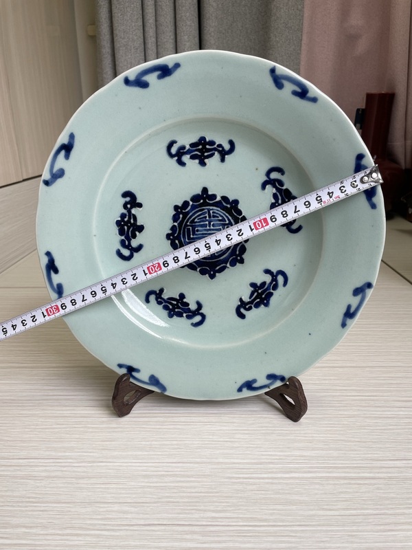 古玩陶瓷清雍正 冬青釉青花玻璃白 五福捧壽紋大盤拍賣,當前價格2900元